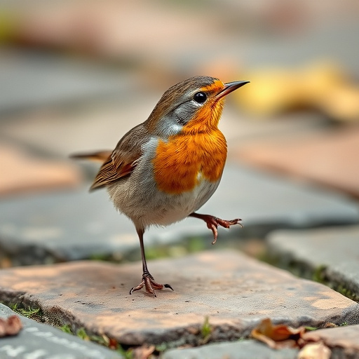 Curious robin hopping on patio stones