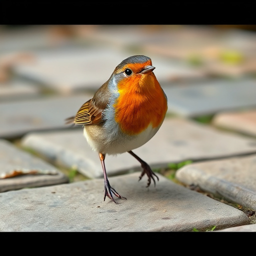Curious robin hopping on patio stones