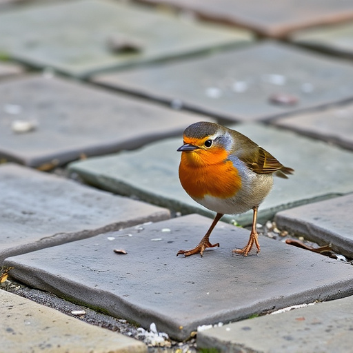Curious robin hopping on patio stones