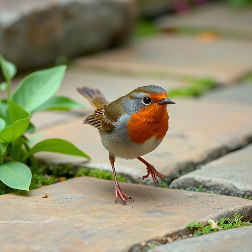 Curious robin hopping on patio stones