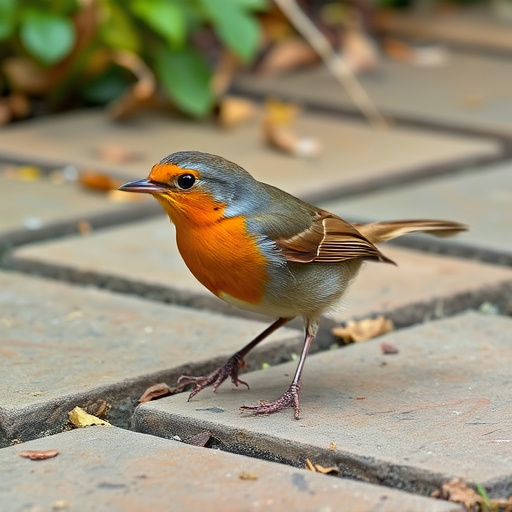 Curious robin hopping on patio stones