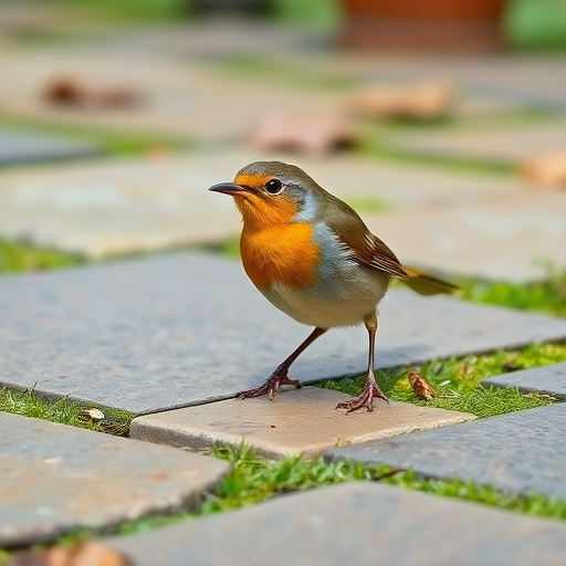 Curious robin hopping on patio stones