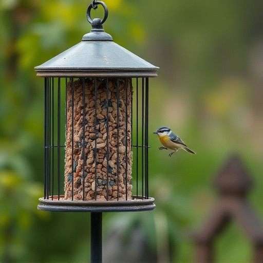 Cylindrical suet cage beside bird table