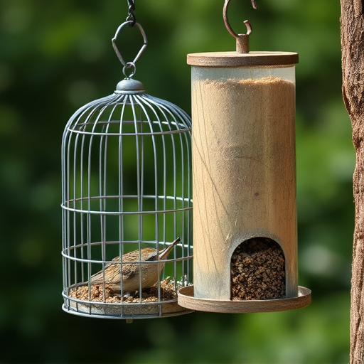 Cylindrical suet cage beside bird table