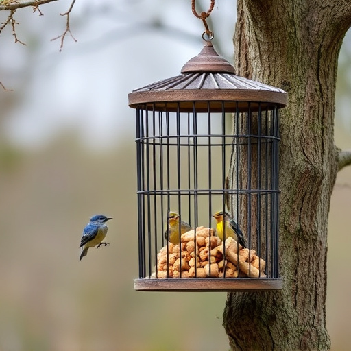 Cylindrical suet cage beside bird table