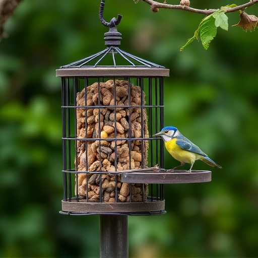 Cylindrical suet cage beside bird table