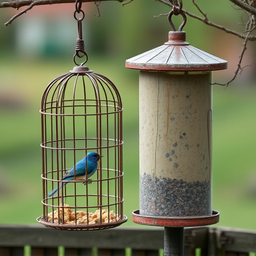 Cylindrical suet cage beside bird table