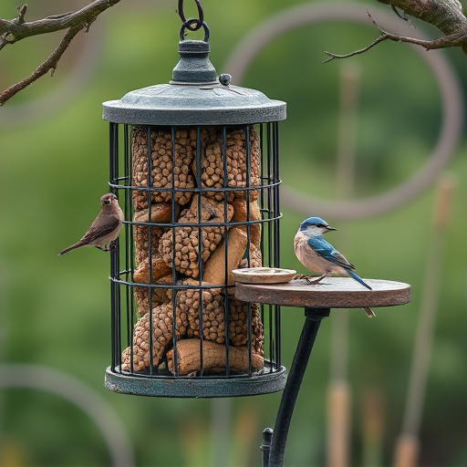 Cylindrical suet cage beside bird table