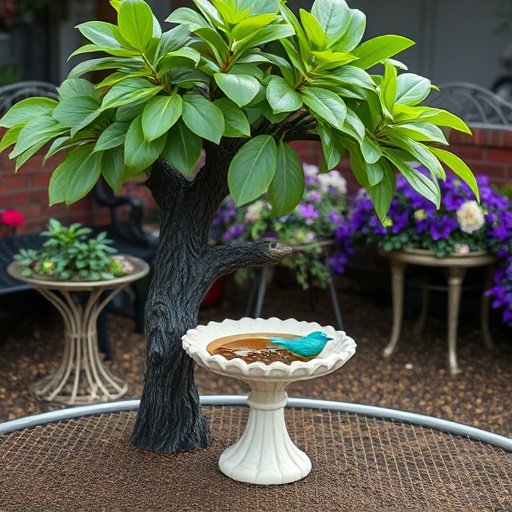Decorative bird bath under leafy tree