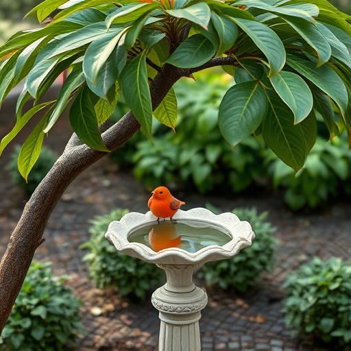 Decorative bird bath under leafy tree