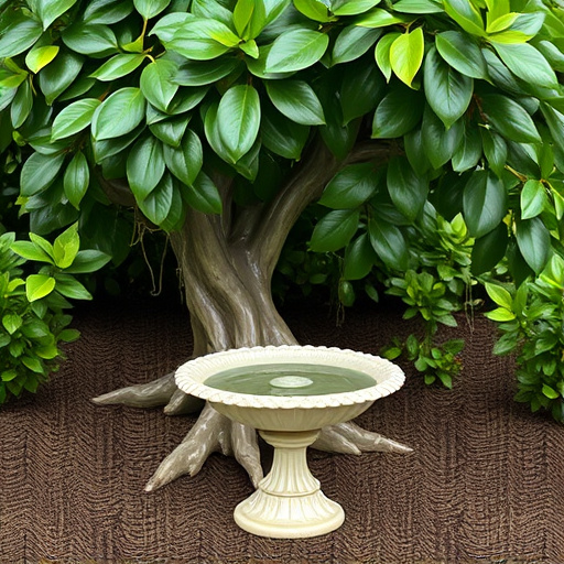 Decorative bird bath under leafy tree