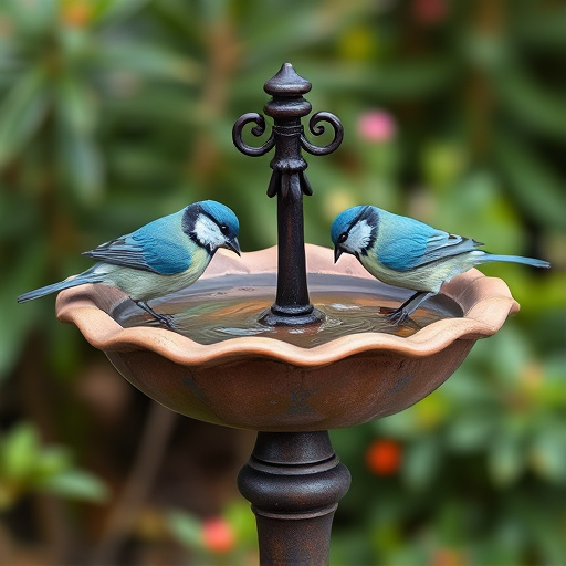 Decorative bird bath with blue tits bathing