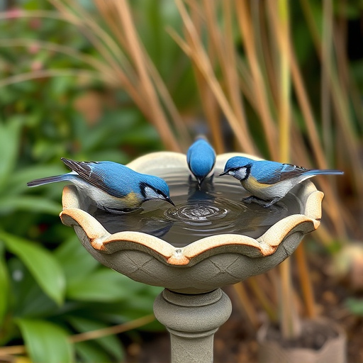 Decorative bird bath with blue tits bathing