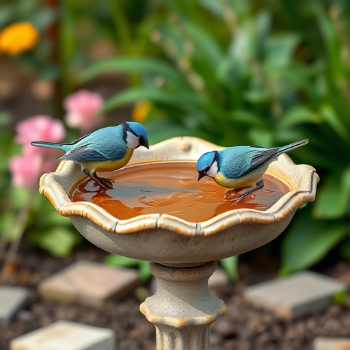 Decorative bird bath with blue tits bathing