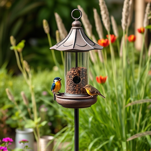 Decorative bird feeder standing in garden