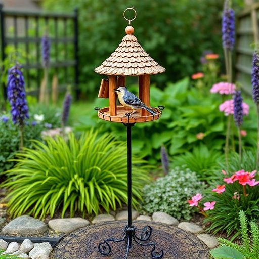 Decorative bird feeder standing in garden