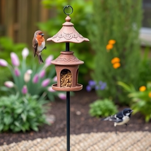 Decorative bird feeder standing in garden