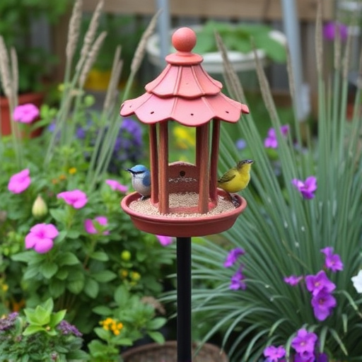 Decorative bird feeder standing in garden