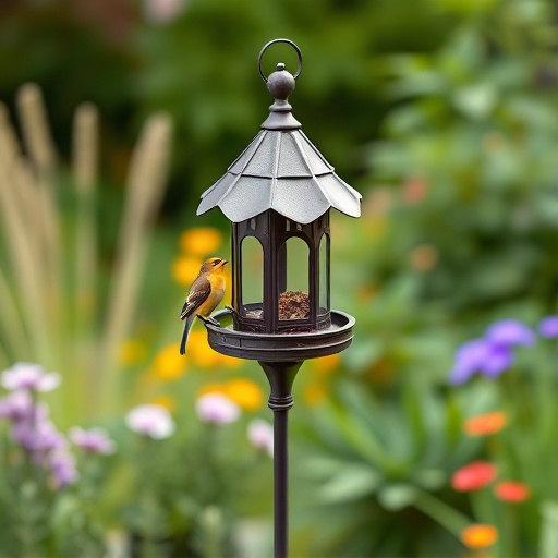 Decorative bird feeder standing in garden
