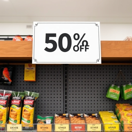 Discount sign above bird food shelf