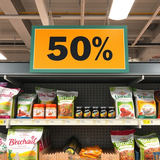 Discount sign above bird food shelf