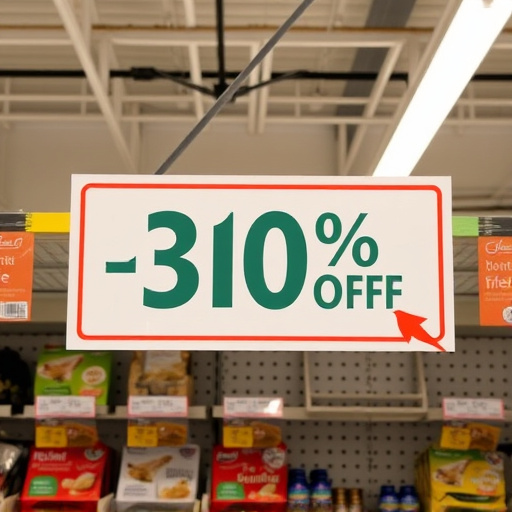 Discount sign above bird food shelf