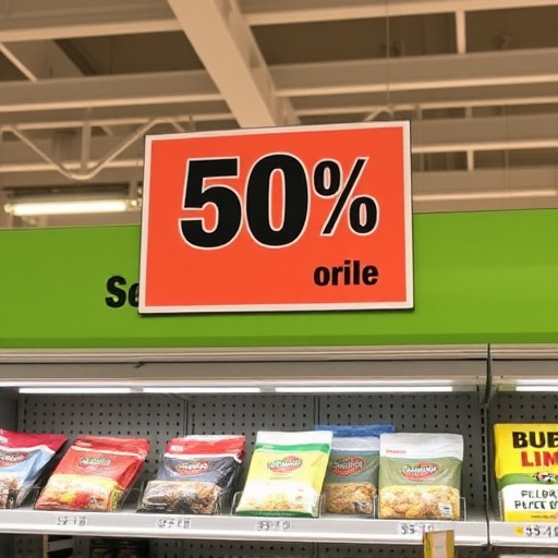 Discount sign above bird food shelf