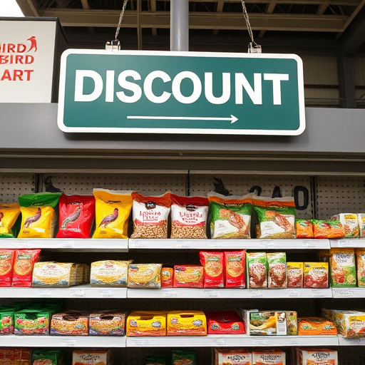 Discount sign above bird food shelf