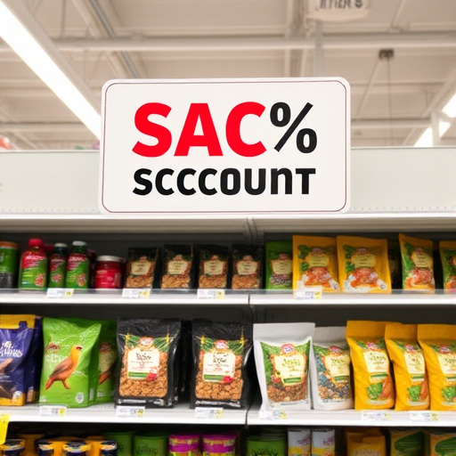 Discount sign above bird food shelf