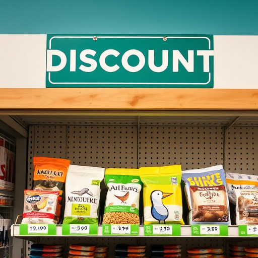 Discount sign above bird food shelf