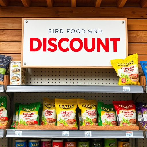 Discount sign above bird food shelf