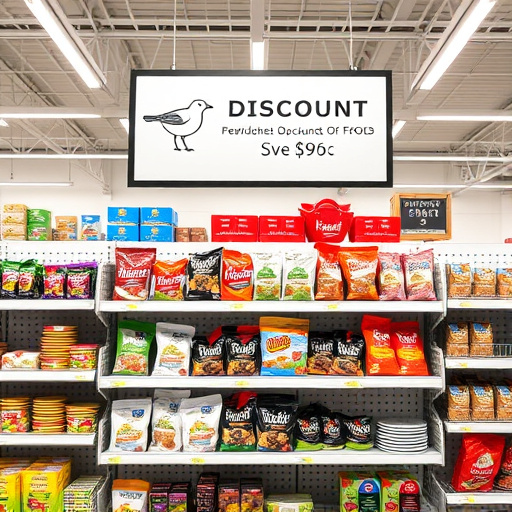 Discount sign above bird food shelf