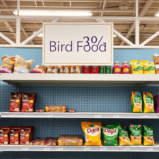 Discount sign above bird food shelf
