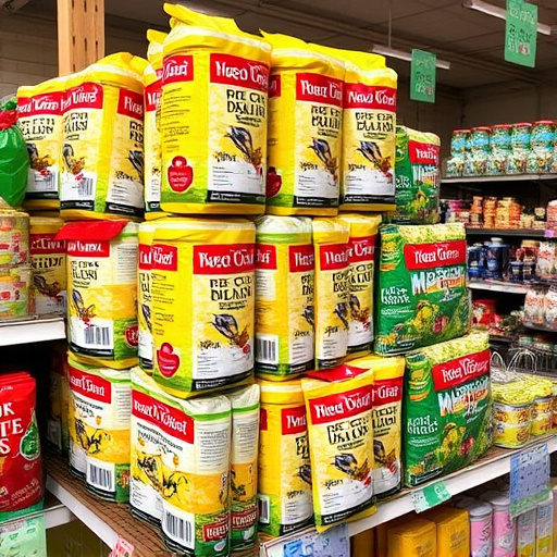 Discounted bird food stacked in store