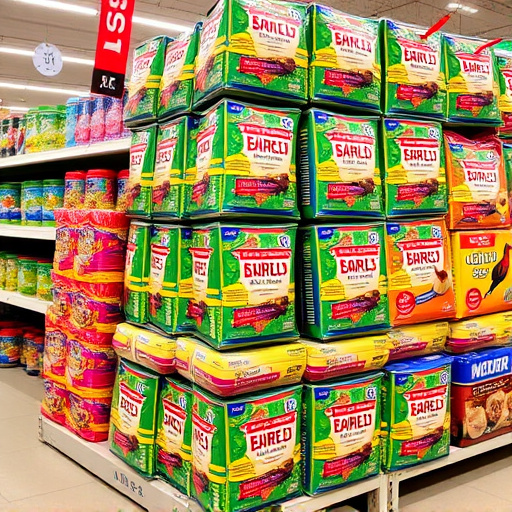 Discounted bird food stacked in store