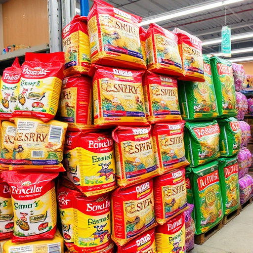 Discounted bird food stacked in store