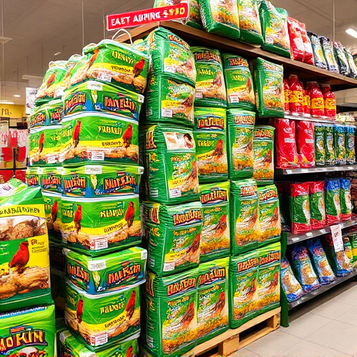 Discounted bird food stacked in store