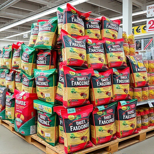 Discounted bird food stacked in store