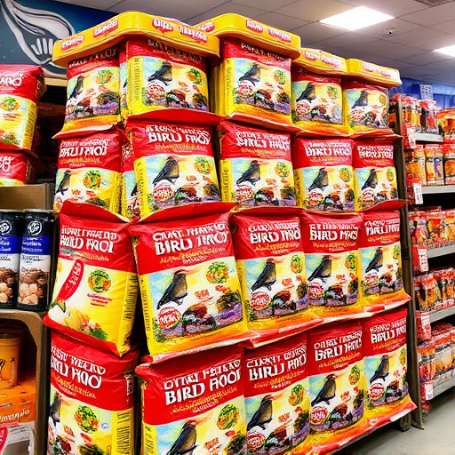 Discounted bird food stacked in store