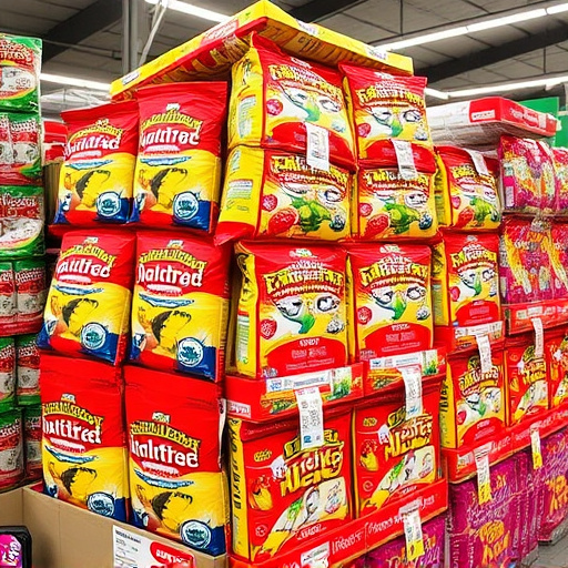 Discounted bird food stacked in store