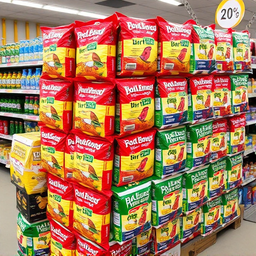 Discounted bird food stacked in store