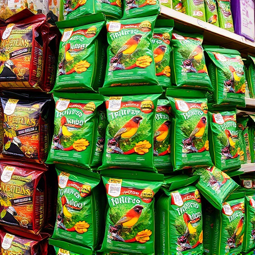 Discounted bird food stacked in store