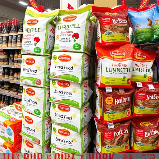 Discounted bird food stacked in store