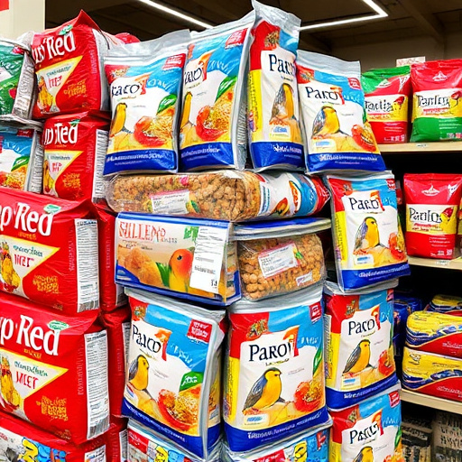 Discounted bird food stacked in store