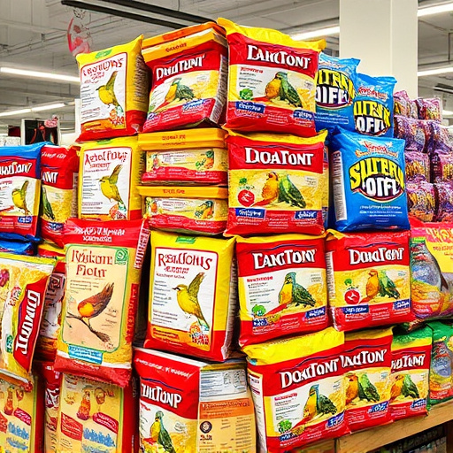 Discounted bird food stacked in store