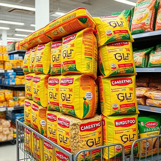 Discounted bird food stacked in store
