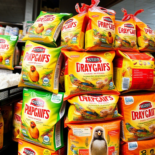 Discounted bird food stacked in store