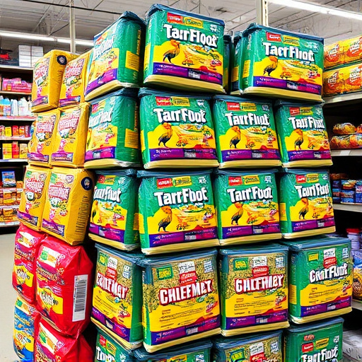 Discounted bird food stacked in store