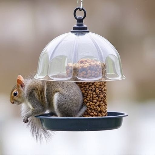 Dome-covered feeder deterring grey squirrel