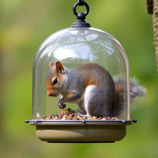 Dome-covered feeder deterring grey squirrel